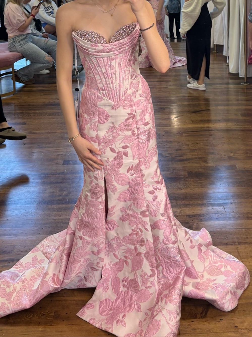 Sherri Hill Strapless Pink Floral Brocade Corset Gown 57881